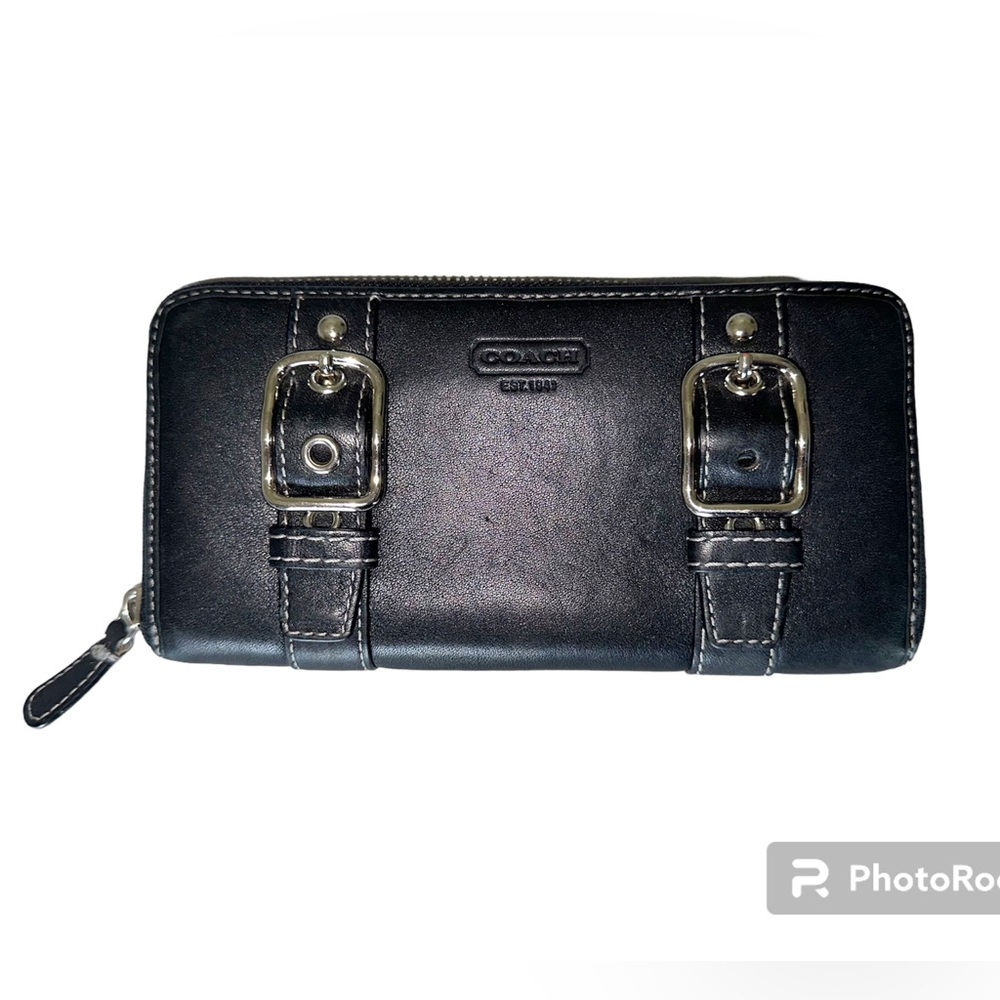 Coach Accordion Double Buckle Black Leather Y2K Wallet